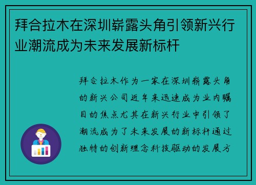 拜合拉木在深圳崭露头角引领新兴行业潮流成为未来发展新标杆