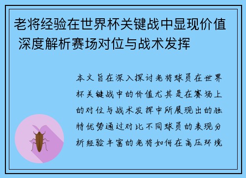 老将经验在世界杯关键战中显现价值 深度解析赛场对位与战术发挥 老将经验在世界杯关键战中显现价值 深度解析赛场对位与战术发挥