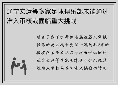 辽宁宏运等多家足球俱乐部未能通过准入审核或面临重大挑战 辽宁宏运等多家足球俱乐部未能通过准入审核或面临重大挑战